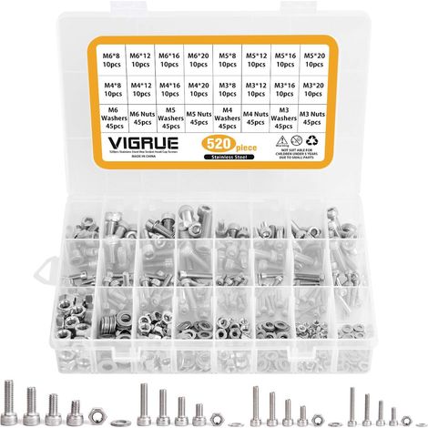 Kit 520PCS M3 M4 M5 M6 en Acier inoxydable Bouton à tête hexagonale Socket Tête Câble Boulons Vis avec écrous Assortiment (1/5)