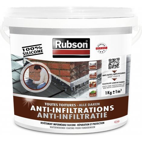 Rubson – Revêtement d'étanchéité anti-infiltrations pour toiture – 100% silicone – Résiste aux UV et à l'eau stagnante – 1kg – Couleur blanc