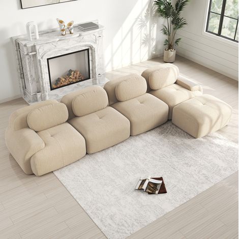 Modulares Ecksofa (388x178x70 cm), rahmenlos, ohne Montage, rutschfest, Cordstoff, Beige (1/5)
