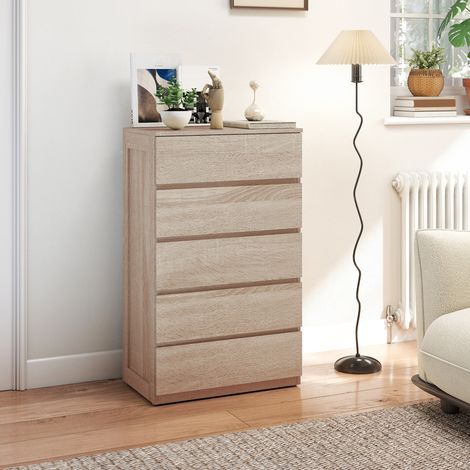 Commode en bois à 5 tiroirs avec glissières métalliques et poignées rainurées, 60 x 39 x 100 cm (1/5)