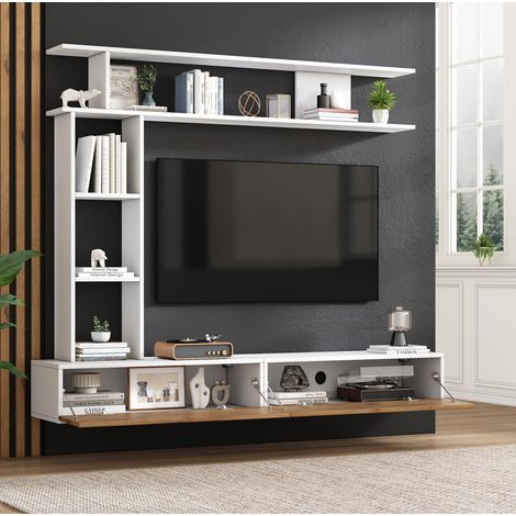 Mueble TV (180x35x22.5 cm), suspendido o de pie, 2 puertas abatibles, almacenaje abierto, aglomerado blanco y roble (1/5)