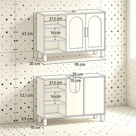Meuble lavabo salle de bain avec étagères ouvertes et double porte, moderne et polyvalent pour vasque, rangement pratique avec placards (meuble seul, sans vasque) (1/5)