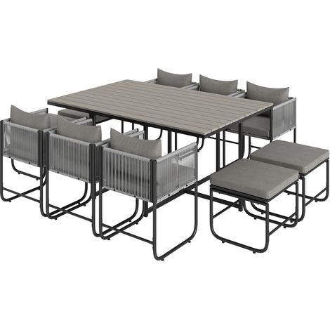 Outsunny 10 Seater Rattan Cube Garden Furniture Set, Rattan Dining Set with Cushions, Outdoor Dining Table and Chairs with 6 Armchairs, 4 Stools, Rectangular Wood Grain Plastic Top Table, Grey (1/5)