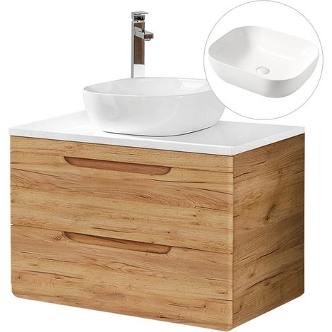 Waschtisch 80 cm mit Keramikbecken LUTON-56-CRAFT Wotan Eiche Nb. mit Hochglanz weiß, B/H/T ca. 81/76,5/46 cm (1/5)