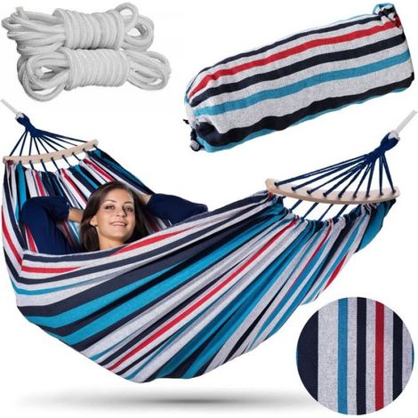 Hamac Jardin - 200 Kg - Rayé Marine - Avec Barres Stabilisatrices En Bois - Pour 2 Personnes - 200 x 150 Cm - 1 Pièce (1/5)