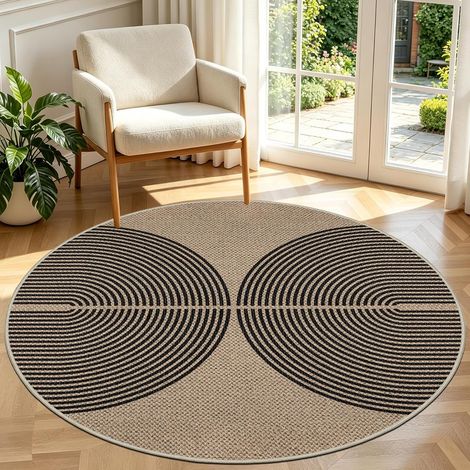 Tapis d'extérieur, rond, 120 cm, aspect jute, résistant aux intempéries, lavable, antidérapant, naturel, pour salon, balcon, terrasse, cuisine, jardin - Couleur : noir (1/5)