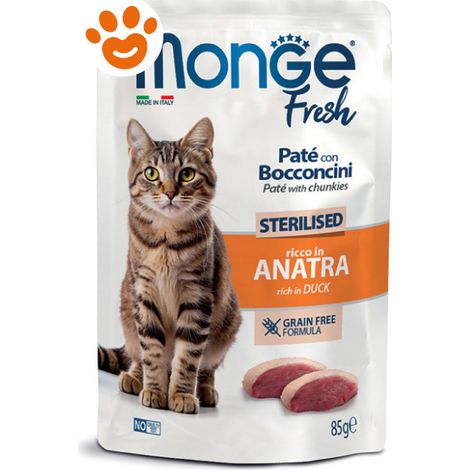 Monge Fresh Cat Sterilised Paté con Bocconcini Ricco in Anatra - Bustina 85 Gr - Cibo Umido Gatti