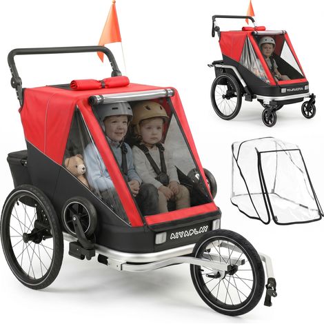 Remorque vélo enfant 2 places 2 en 1 pliable siège ajustable harnais rouge