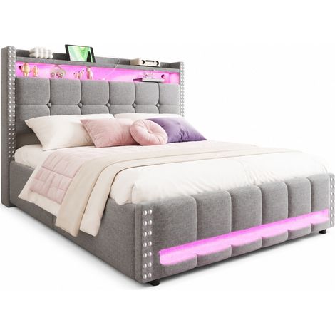 Lit rembourré 160x200 cm avec LED multicolore, USB et rangements, coffre hydraulique sous sommier, tête de lit pratique en tissu gris clair – CHICFURN (1/5)
