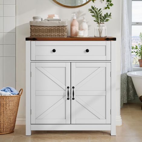 Buffet et enfilade-3 portes-Plan de travail noyer-Rangement tiroirs et etageres reglables-Blanc-76x30x83cm (1/5)
