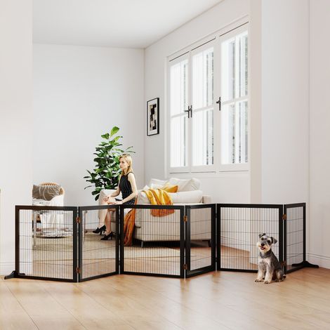Cancello di sicurezza per cani, barriera pieghevole a 6 pannelli con piedini rimovibili, 432 x 36 x 70 cm, nero (1/5)