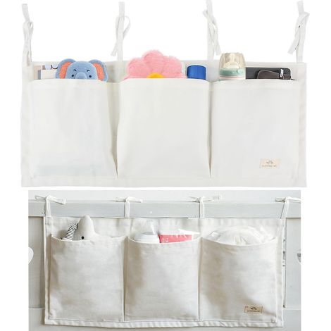 Panier de rangement de chevet - Boîte de rangement pour lit d'enfant - Sac de rangement à suspendre pour jouets, livres, bouteilles, dosettes à couches, télécommandes, 68 x 33 cm (blanc) (1/5)
