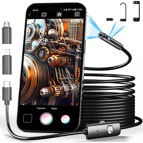 Endoskopkamera mit zwei Objektiven und 8 einstellbaren LEDs – 1980P-Endoskopkamera mit 5 Meter langem, halbstarrem Kabel – wasserdicht nach IP68 für iPhone, iPad und Android