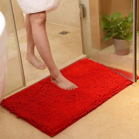Tapis de salle de Bain Devant Baignoire Absorbant Antidérapant Tapis d’entrée Chambre Toilette Cuisine Shaggy 40x60 cm (Rouge) (1/3)