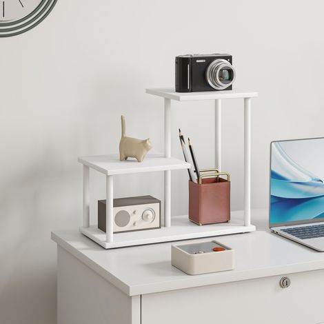 Dreistöckiges Bücherregal in Holzoptik mit Metallgestell für Schreibtisch, Büro, Küche, 40 x 20 x 34,5 cm, Weiß