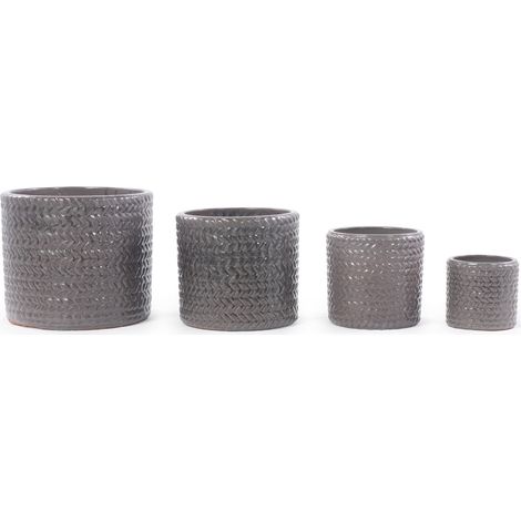 Maceta de cerámica gris brillante Ø24,5 cm con relieve de espiga y orificio de drenaje (1/5)
