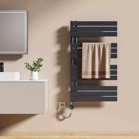 EMKE Elektrischer Badheizkörper 104 x 60 cm 600 W Anthrazit Handtuchwärmer mit WiFi Tuya App-Steuerung IPX4 4 Modi