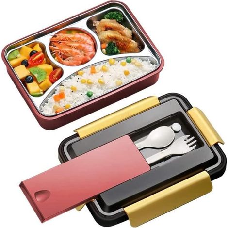 Boîte à bento, Lunch Bento à 4 Compartiments en Acier Inoxydable Isolé, ,Cuillère Antifuite Bento Boîtes(rouge) (1/4)