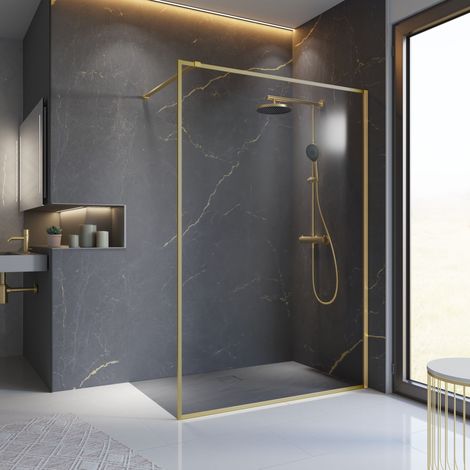 Schulte – Paroi de douche 140 x 200 cm Walk In – Verre 6 mm anticalcaire – Profilé or mat – Installation facile – Matériel de fixation inclus