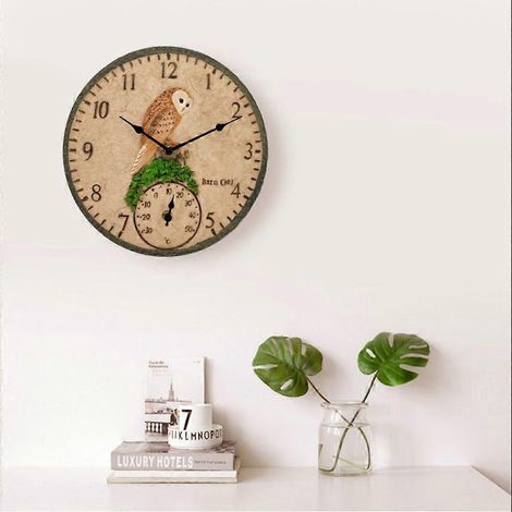 Horloge murale de jardin d'extérieur/intérieur 30 cm (12 pouces) style vintage en résine avec thermomètre (1/4)