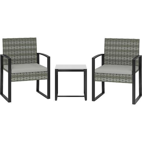 Salon de Jardin Bistrot 3 Pièces Ensemble Table et 2 Chaises en Résine Tressée PE pour Balcon Extérieur 2 Personnes Gris (1/5)