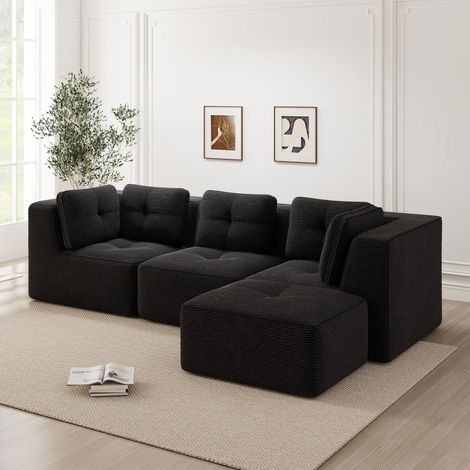 Canapé d’angle modulaire en velours côtelé, 3 places avec pouf, noir (1/5)