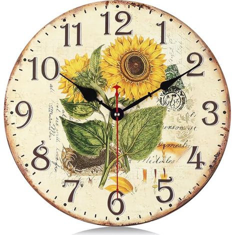 Horloge murale en bois jaune tournesol, silencieuse (12 pouces), à piles, style vintage shabby chic, rustique, idéale pour la cuisine ou la ferme. (1/5)