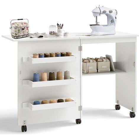 Mobiletto per Macchina da Cucire Tavolo Cucito Pieghevole Multiuso Legno Bianco (1/5)