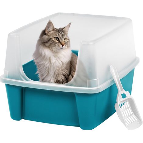 Bac a Litiere pour Chat avec Pelle, Bleu, Nettoyage Facile, Maison de Toilette, Rebords Amovibles, Anti-fuite, Pour Chats Adultes, Chatons, Lapins, Sans BPA, Ouverture en haut, CLH-12 (1/5)