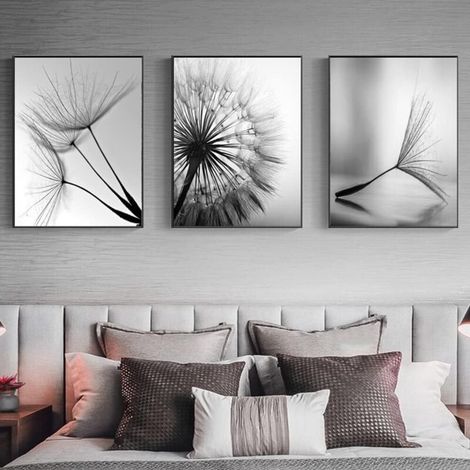Impression murale sur toile - Noir et blanc - Pissenlit - 3 pièces - Sans cadre - Pissenlit - Décoration moderne - 30 x 40 cm (1/2)