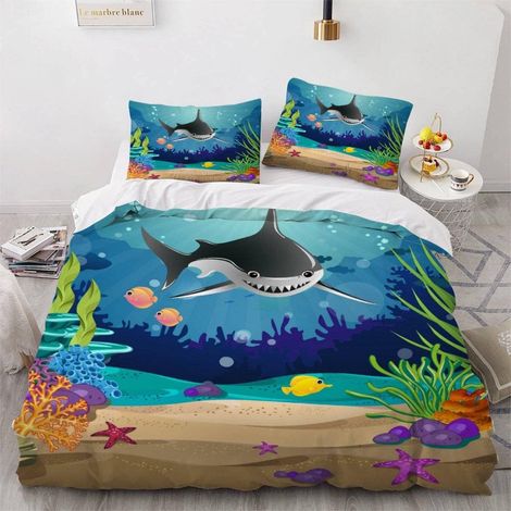 Housse de Couette 140x200 Enfant Dauphin Corail Parure de Lit 1 Personne Microfibre Housse de Couette Poisson Mignon 3D Imprimé Literie Set 3 Pièces avec Fermeture Éclair - 140x200+2x50x75 (1/5)