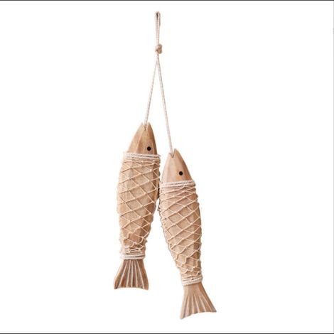 Lot de 2 poissons décoratifs en bois avec corde - Décoration maritime pour la maison, le jardin, la terrasse et le balcon