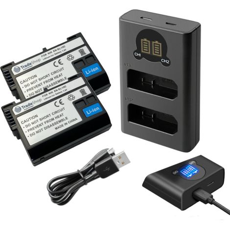 Trade-Shop 3in1 Set: 2x Akku 2400mAh + USB-C Dual LCD Ladegerät Ladestation kompatibel mit Nikon Z 5, Z 6, Z 6 II, Z 7, Z 7 II Digitalkamera (1/5)