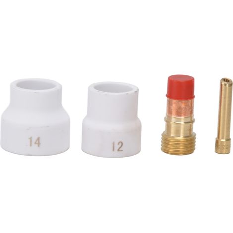 4-teiliges WIG-Gaslinsen-Set, weiße Keramikdüse, kurzer abgeschrägter Elektrodenhalter, Anschluss für WP 17, 18 und 26 (1/5)