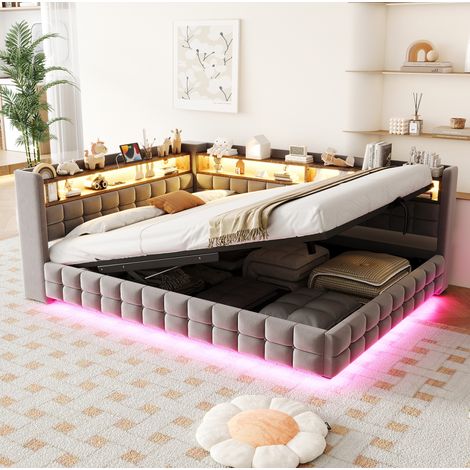 Polsterbett 140 x 200 cm mit Bettkasten, LED, USB und Type-C, Samt Hellgrau HAVRYA (1/5)
