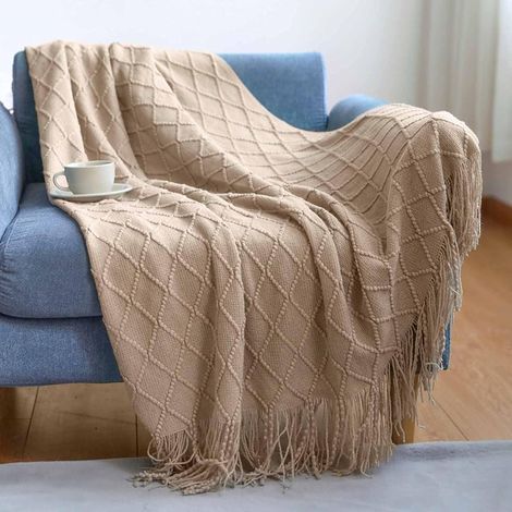 Couverture Tricotée Franges Jetés De Lit Couleur Solide Plaids Nordique Chaud Jeté Tapis à La Mode Doux Couverture Jeté De Canapé Couvre-Lit Décorative 130x170cm (1/5)