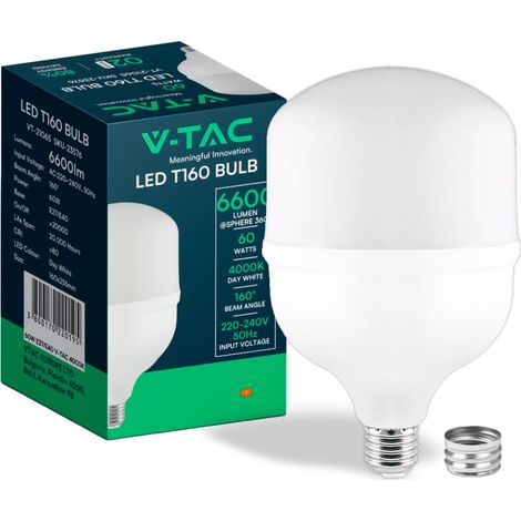 Bombilla LED V-TAC E27, incluye anillo con casquillo E40 60W T160 Blanco Natural (1/5)