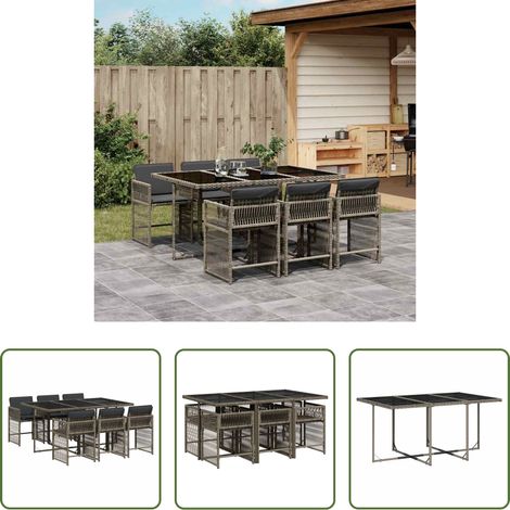 vidaXL Gartenstuhl - 7-tlg. Garten-Essgruppe mit Kissen Grau Poly Rattan (1/5)
