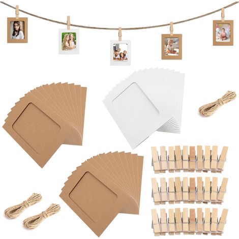30 Pièces Cadre Photo Carton avec 3 Ficelle et 30 Pince en Bois, 11.5x15.5cm Guirlande Photo, Pele Mele Photo Mural pour Anniversaire Mariage Jubilé, Marron Blanc (1/5)