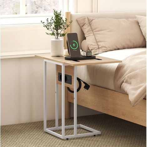 Mesa auxiliar plegable en C con estación de carga USB, 39 x 29 x 57 cm, blanca HAVRYA (1/5)