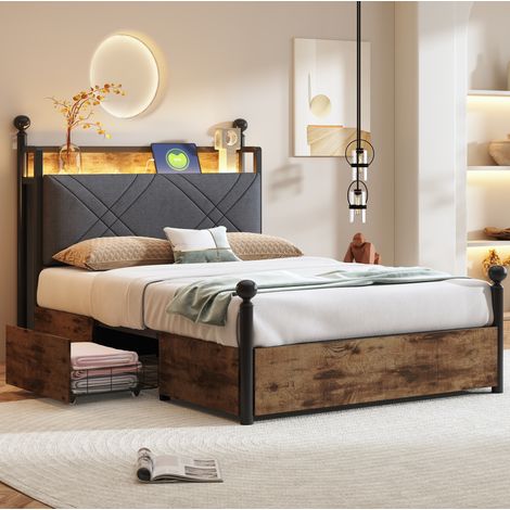 Bett Himmelbett multifunktional 90x190 cm, Metall Schwarz-Holzoptik, mit gepolstertem Kopfteil, LED, USB/Type-C und 2 Schubladen (1/5)