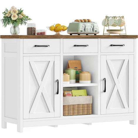 Sideboard mit 3 Schubladen und 2 Schränken, Landhausstil Küchenschrank weiß 90x30x80cm (1/5)