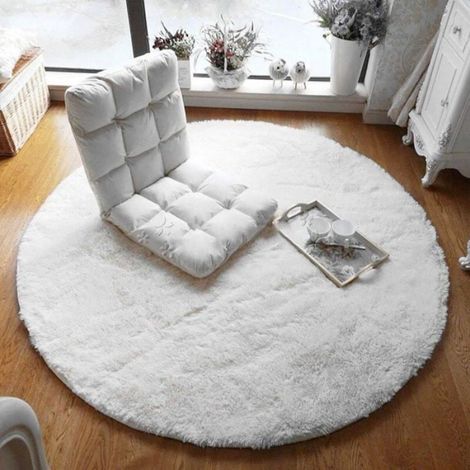 Tapis Rond - 120 Cm - Shaggy - Anti-dérapant - Pour Salon Chambre Couloir - Blanc (1/4)
