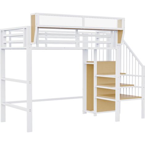 Letto a soppalco 90x200 in metallo bianco con scala di sicurezza e ripiano flessibile (1/5)