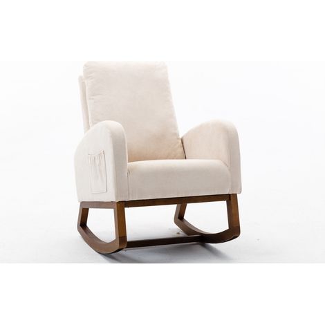 Schaukelstuhl aus Stoff mit 1 Seitentasche, Schaukelstuhl mit Armlehnen und gepolsterter Rückenlehne, Beine aus natürlichem Massivholz, skandinavischer Stil, Beige (1/5)