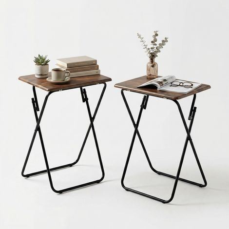 FurnitureR Set of 2 Multi-Purpose Folding Table, Sofa Laptop Desk, Industrial Design, MDF and Metal Frame, for Compact Living Spaces, Portable and Easy to Storage, Brown
