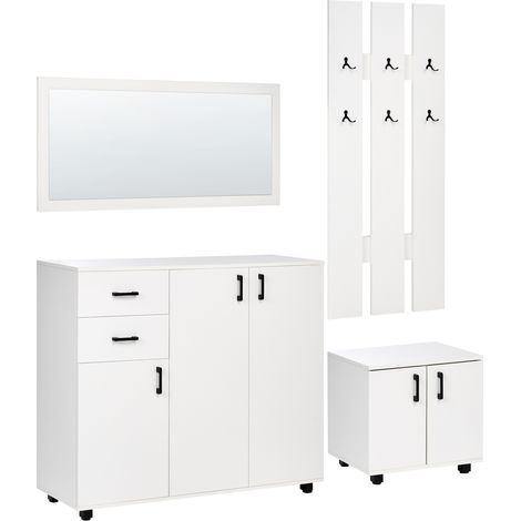 Conjunto de mueble para el recibidor con zapatero armario espejo perchero de pie de aglomerado blanco Burra