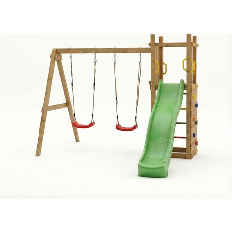 Funni Aire de Jeux Enfant Extérieure – Bois Traité – Toboggan 2,2 m – Balançoire Double – Jusqu’à 7 Enfants – EN 71 (1/5)