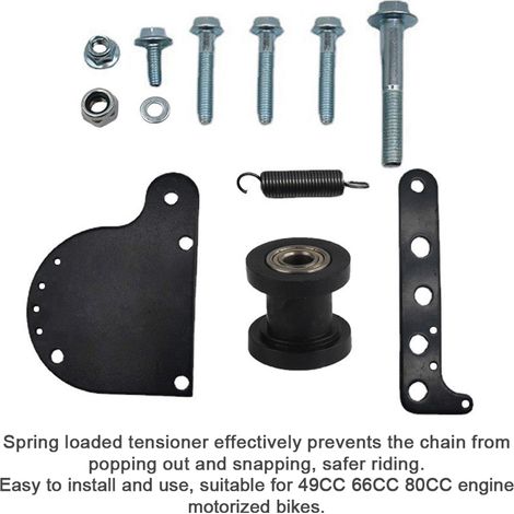 Kit de tendeur de chaîne à ressort, ajusteur de poulie en métal Compatible avec moteur de vélo motorisé 49CC 66CC 80CC (1/5)