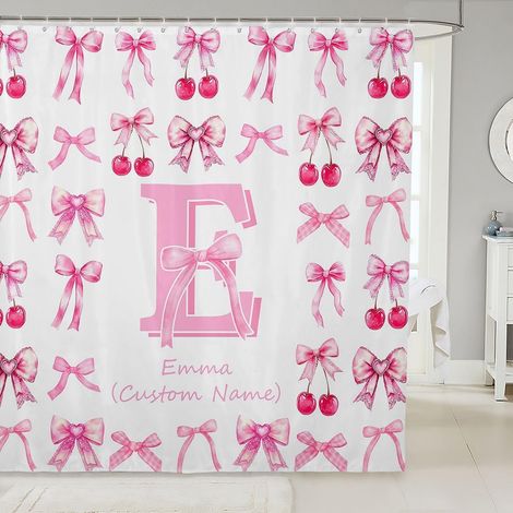 Rideau Douche 180x210cm Initiale Personnalisée Rideaux de Douche Nom Personnalisé Rideau de Baignoire Nœud Rose Coquet Rideaux Salle de Bain Cerise RoseDécor Preppy - 180L X 210H cm (1 Panneaux) (1/5)